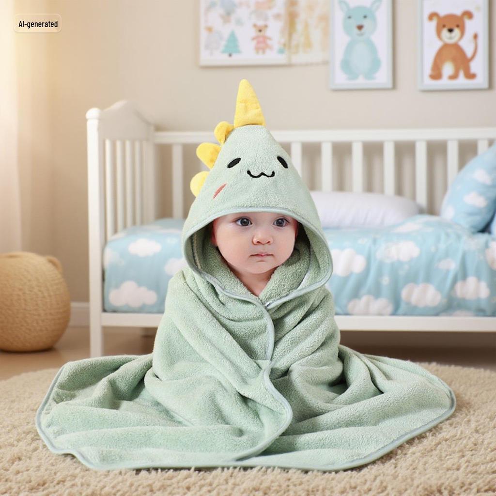 Cartoon Hooded Baby Swaddle & Bath Towel - Coral Fleece, Absorbent, Embroidered, Newborn To Toddler