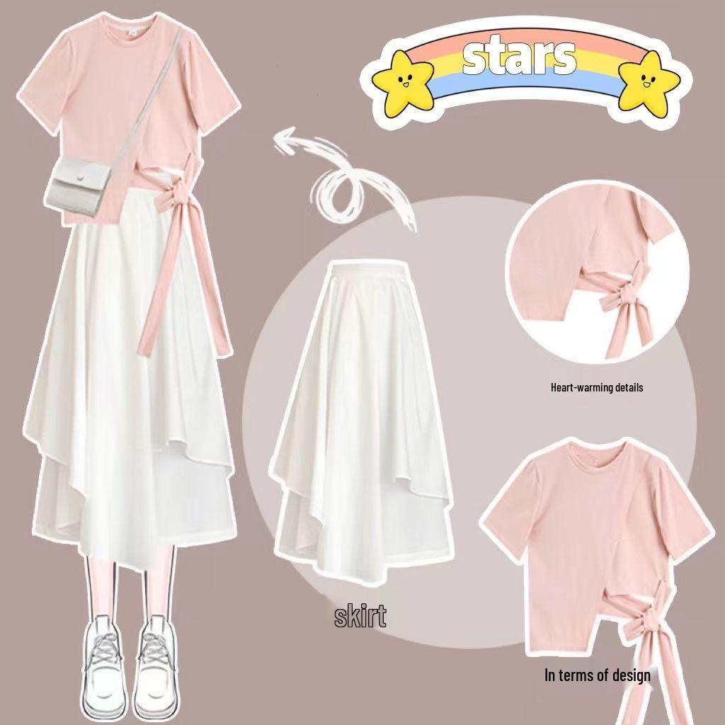 Trendy Two-Piece Summer Set: Women's Short Sleeve T-Shirt + White Skirt for 2026