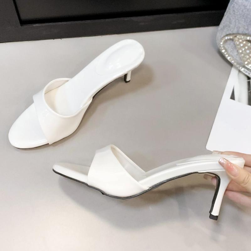 

Fashion High Quality Patent Leather Round Toe Women Sandals Fashion Open Toe Thin Heeled Mules Shoes Summer Comfort Shallow Slide Sandal 35 белый