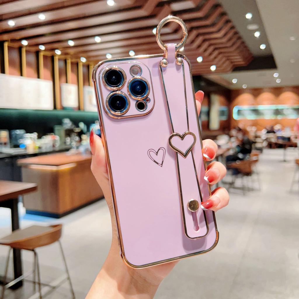 Electroplating Love Applicable iPhone17promax Hollow Love Wrist Strap Apple 16 Bracket Protective Cover 15 Soft