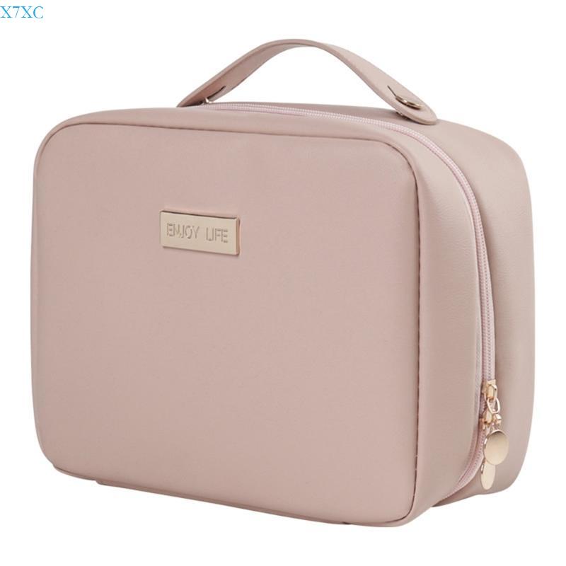 X7XC Toiletry Bag Large Capacity Travel Makeup Bag Wash Bag PU Leather Cosmetic Bag Handheld Makeup Storage Bag розовый