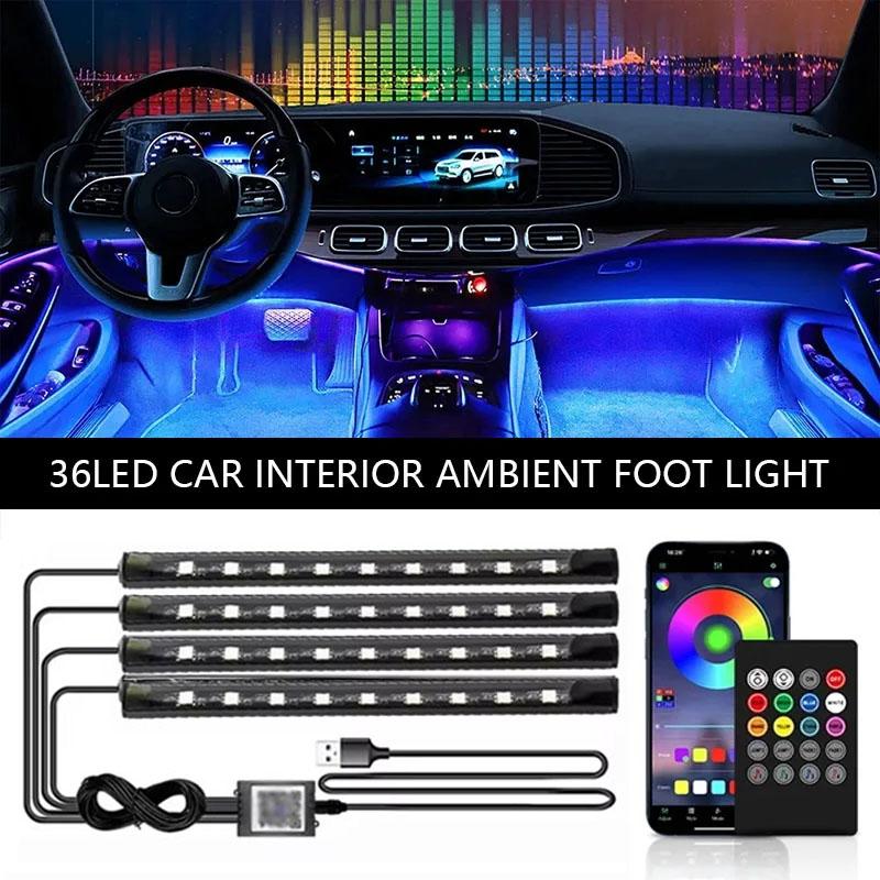 Neon 36LED Car Interior Ambient Foot Light Strip 4 in 1 with USB Wireless Remote Music APP Control Auto RGB Atmosphere Lamp