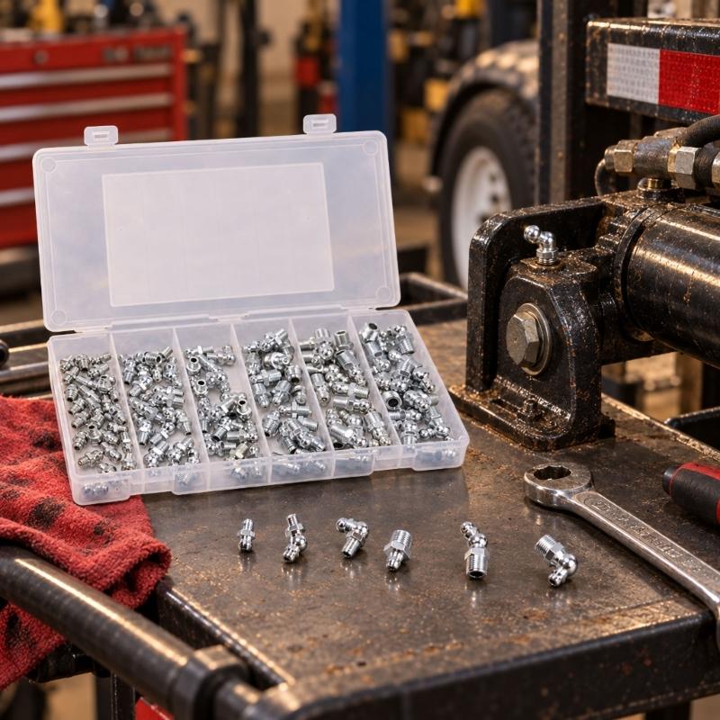 Grease Connection Fitting Assortment with Six-Sided Installation Bases for Machinery Lubrication Maintenance Tasks