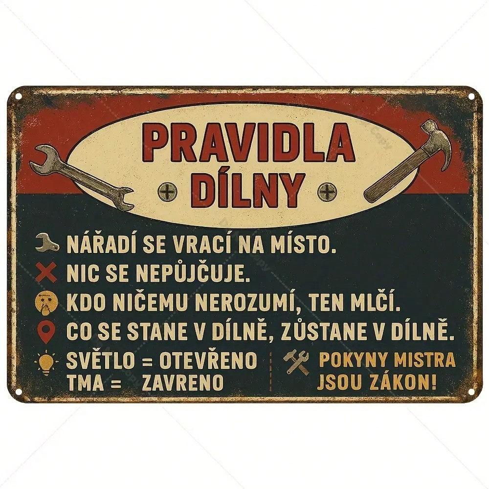Vintage Czech Metal Wall Art, Funny Construction Worker Tin Sign, Retro Garage Decor with Wrench Graphic