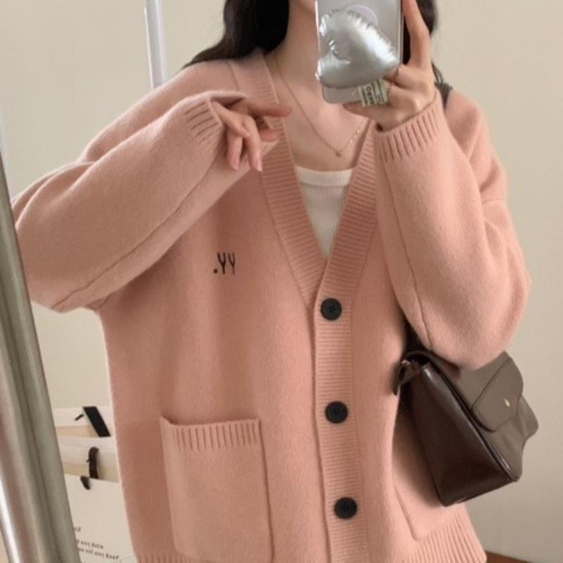 

Повседневная большая версия вышитого вязаного свитера осень-зима ленивый ветер свободный ретро кардиган с V-образным вырезом куртка женская One Size розовый