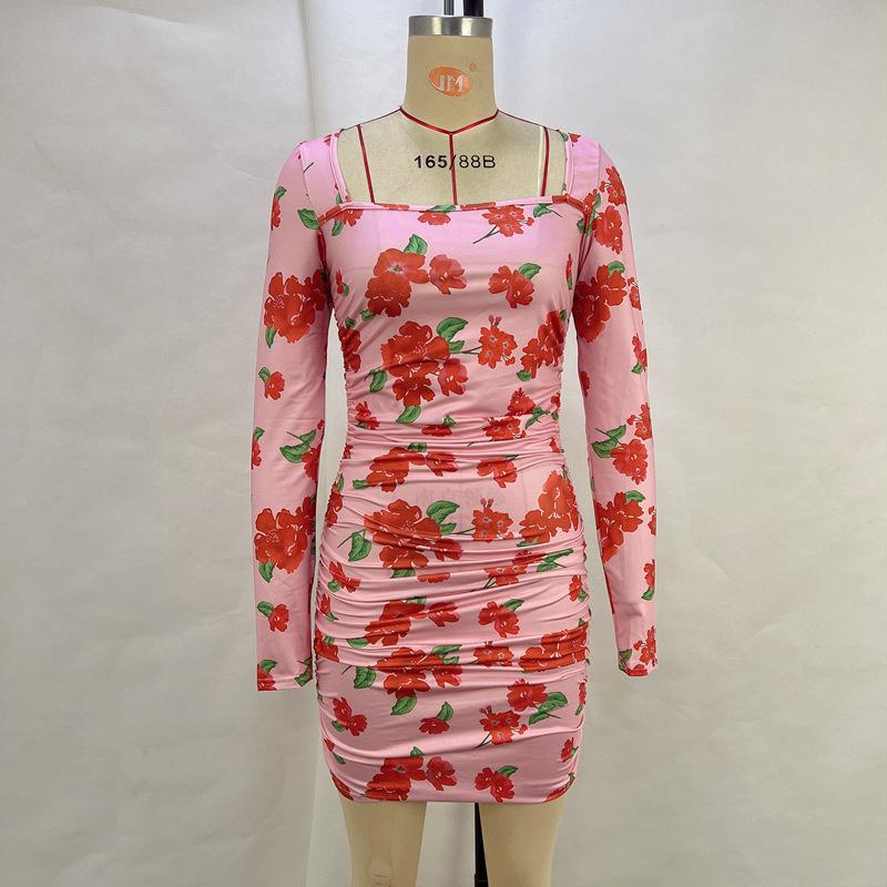 

Женское весеннее платье с принтом, сексуальное, с квадратным вырезом, длинными рукавами, плиссировкой на талии и облегающее бедра L розовый
