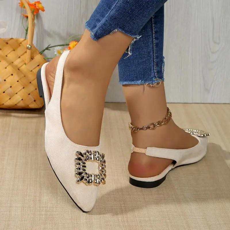 Fashion Daily Pointed Toe Sandals Women 2025 Summer Big Crystal Buckle Flat Heels Shoes Women Elegant White Driving Shoes