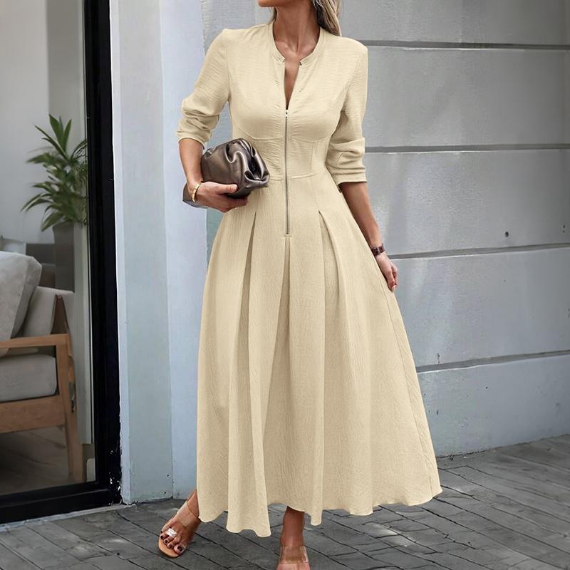 ZANZEA Vestido Largo Casual de Línea A con Manga Larga y Cuello Redondo para Mujer con Cremallera