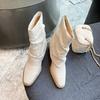 Versatile niche early summer flanged short tube linen cotton pleated short boots square head middle heel thin leg stacking boots