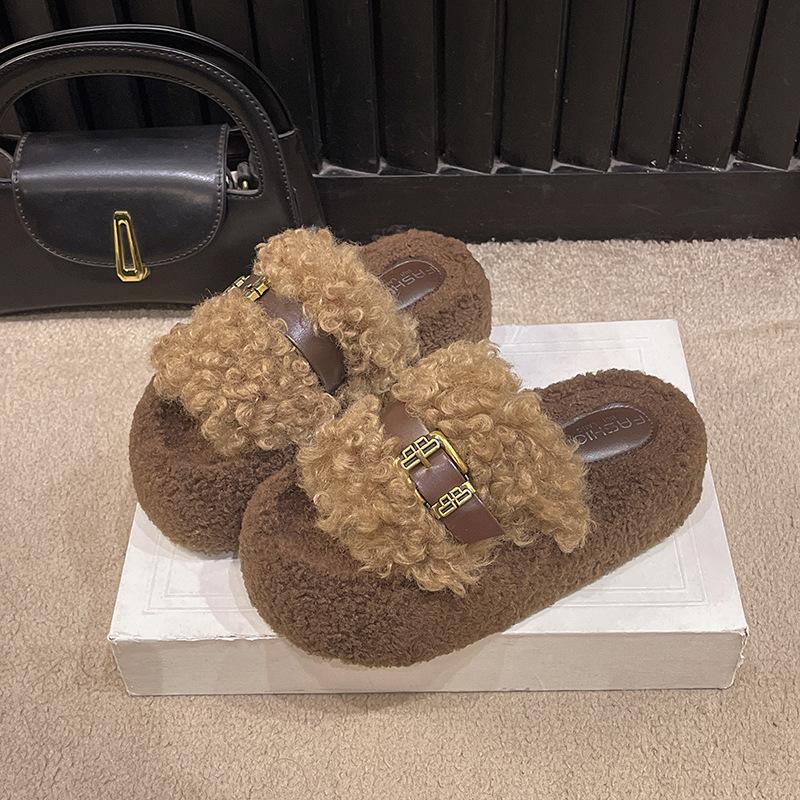 Curly Hair Thick-soled Fluffy Slippers Women's 2025 Autumn and Winter New Outer Wear Korean Version Slippers Soft Bottom One-word Cotton Slippers