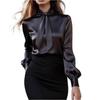Women's Fashionable Color Round Neck Long Sleeved Tied Casual Shirt Top