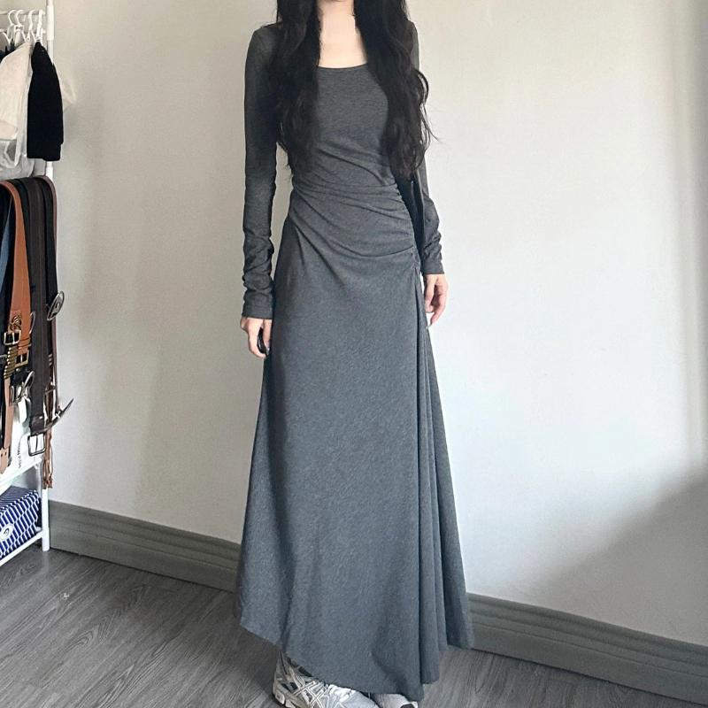 Irregular Y2k Long Dress Women High Waisted  Sleeve Solid Basics Elegant Korean Fashion Streetwear Minimalist Sexy Vintage