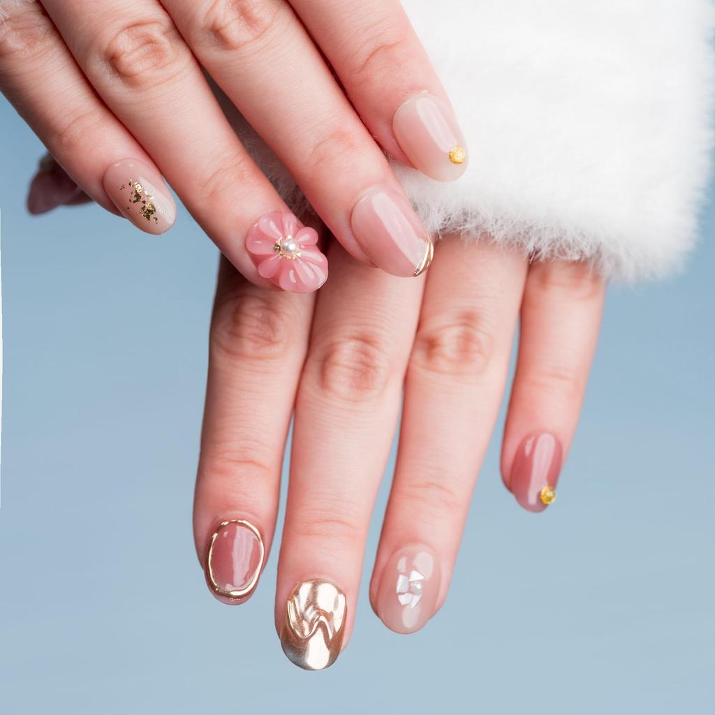 Nails Handmade Nail and Pink and Gold Heart False Pack of 10 Sun&Beam Tips, Medium, Long, Oval, Round, Short, Glitter, Popular, 3D, Stylish, Cute,