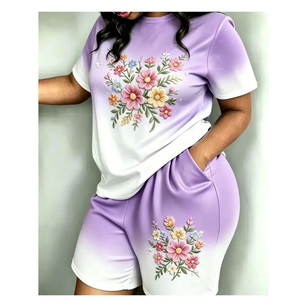 Summer Fashion Women's Gradient Butterfly 3D Printing Fashionable Comfortable Breathable Loose Large Size Short Sleeved Shorts Sports Suit