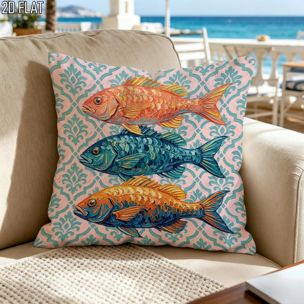 Colorful Fish Throw Pillow Cover Coastal Damask Print Cushion Case For Nautical Beach Home Decor