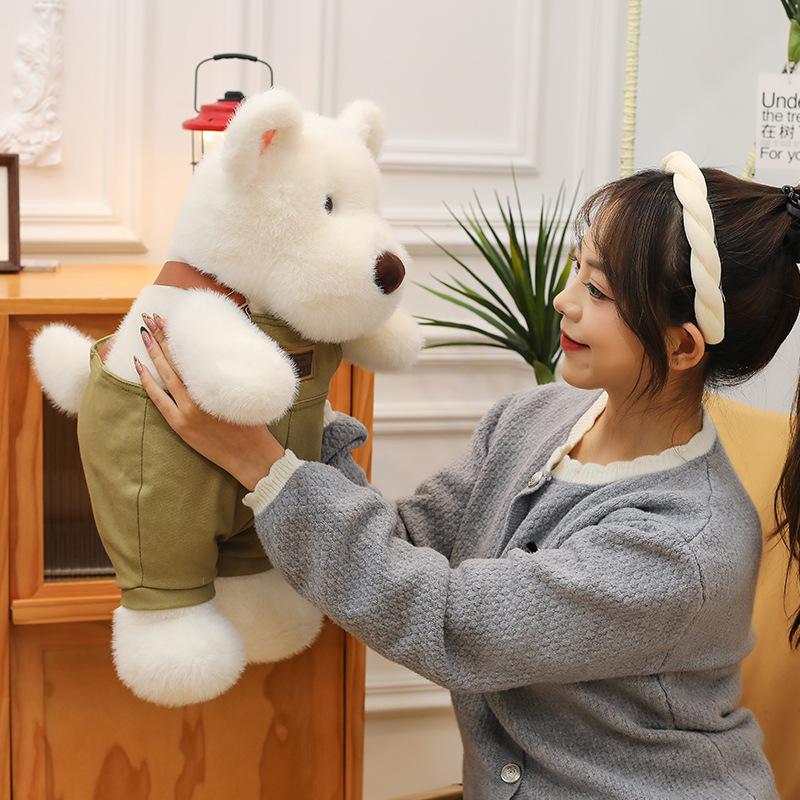 Cute overalls West Highland dog plush toy dressing little white dog doll sleeping doll