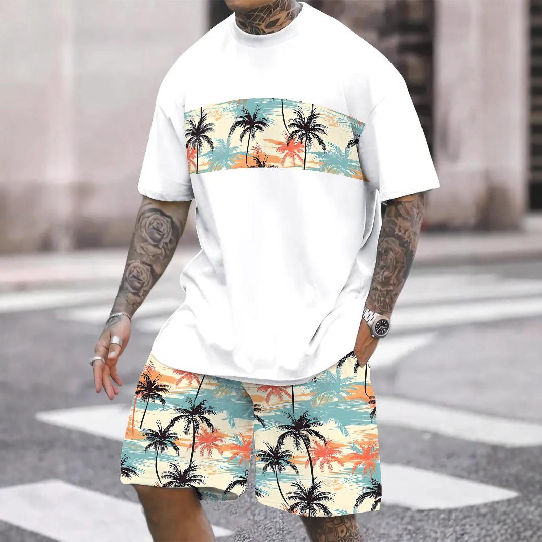 

Summer Round Neck 3D Coconut Tree Printed Set Fashionable and Casual Hawaiian Vacation Style Short Sleeved Shorts Men s Sport Wear 6XL