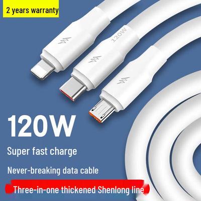 120W Fast Charge 6A 3-in-1 Data Cable for Vivo, Xiaomi, Oppo, Huawei, Honor, iQOO, and Apple