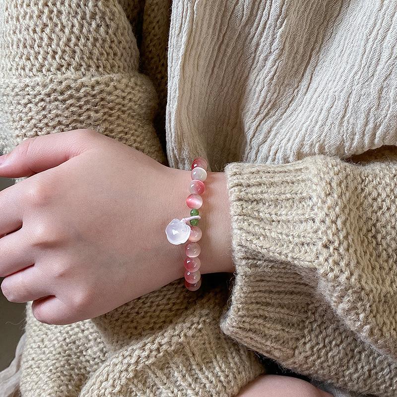 Opal Beaded Chalcedony Safety Lock Pendant Bracelet Sweet and Cute Fashion Versatile Bracelet Niche Simple Jewelry