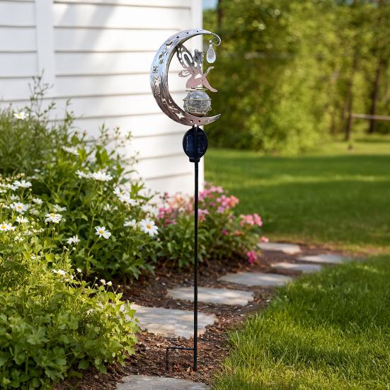 Solar Garden Light, Butterfly Fairy Moon Figurine Stake Light, Outdoor Waterproof Solar Powered Pathway Light for Patio, Lawn, Yard Decor