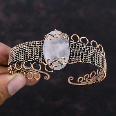 Pulsera de Cuarzo Rosa Brazalete de Cobre Envuelto en Alambre Pulsera Ajustable de Piedra Preciosa Joyería de Cobre Hecha a Mano Regalo Para Él Joyería Envuelta en Alambre