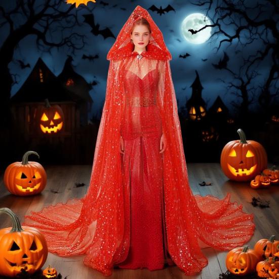 Women Tulle Hooded Cape With Long Train Sparkling Long Sheer Elf Cloak