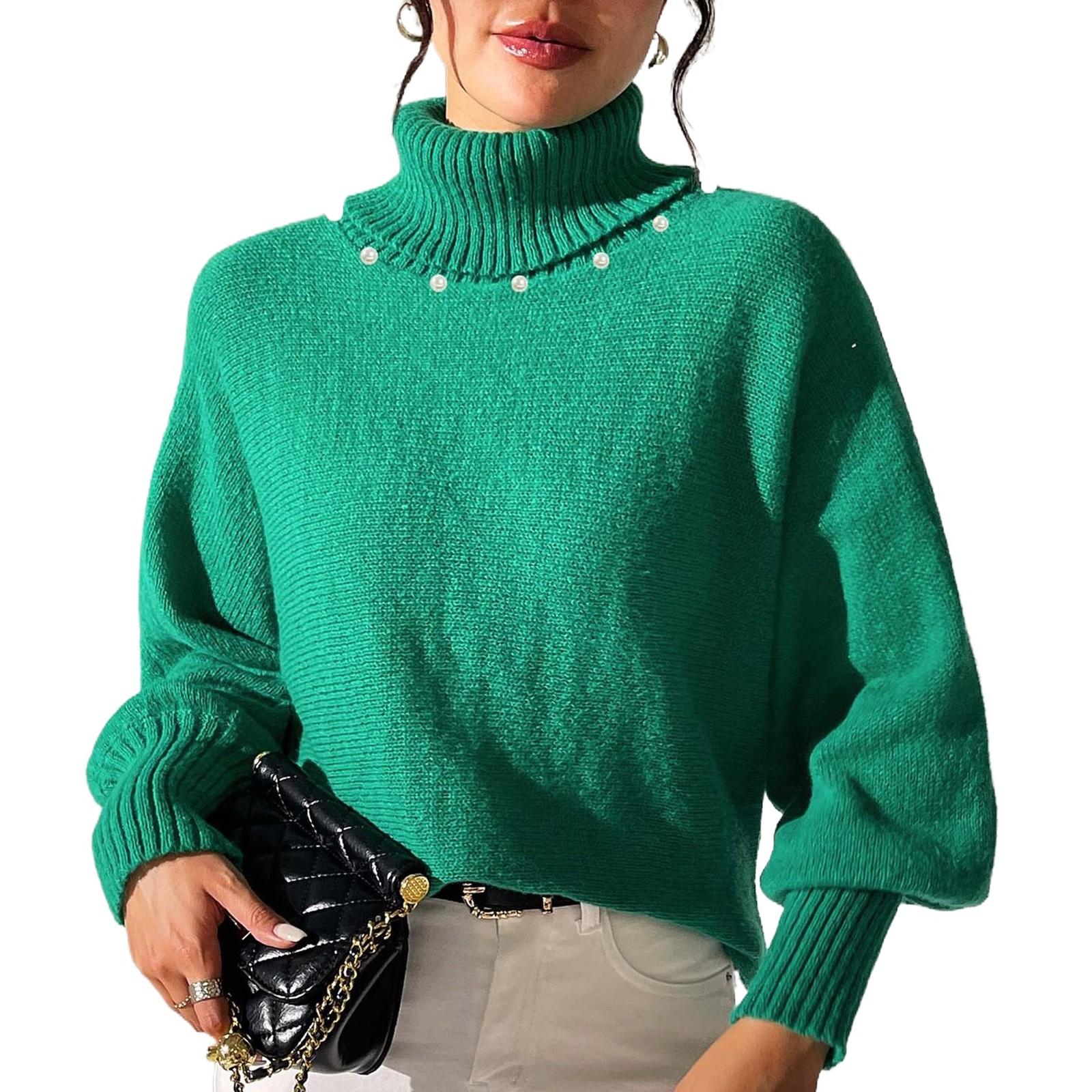 Женское осенне-зимнее базовое пальто с однотонным верхом и жемчужными бусинами для ногтей свитер с высоким воротом L зелёный 2187₽