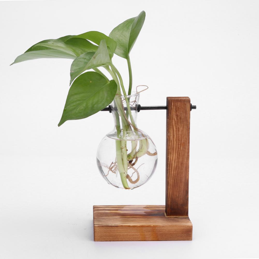 Plant Terrarium with Wooden Stand Hydroponic Planter Bulb Glass Bonsai Flower Pot for Indoor Office Desk Decor Accessories