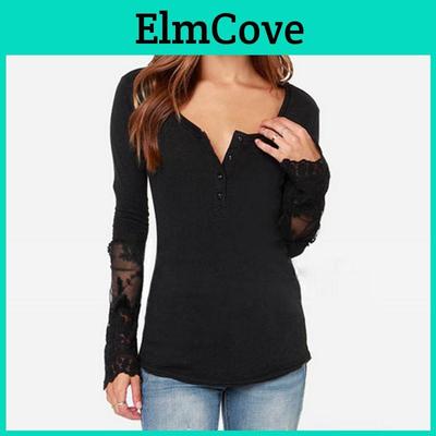 Elegant Lace Stitching Women's T-shirt Slim Fit Long Sleeve Cotton Top