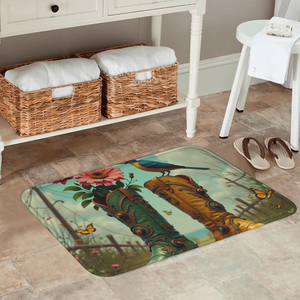 1PC Bohemain Boots With Bird Kitchen Rug Non-Slip Door Mat Pop Design Bathroom Rug Bath Mat Carpet for Home Sink Laundry Decor