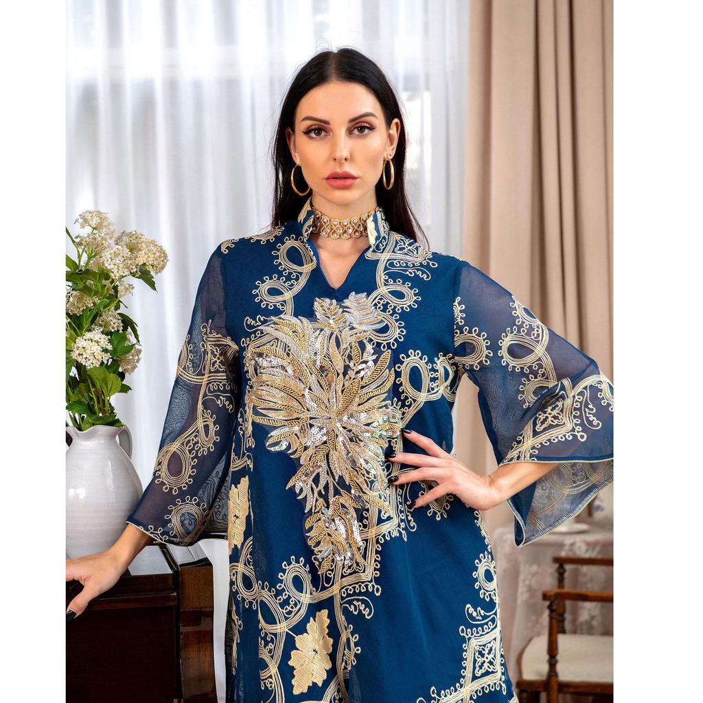 AB114 Middle Eastern Ethnic Style Sequin Burnout Abaya Evening Dress for Women