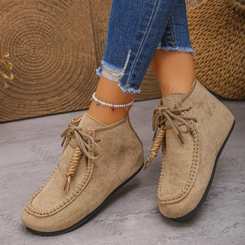 Damen Wildleder Kurzstiefel Herbst Winter Neu Weiche Sohle Leichte Bequeme Stiefeletten Mode Kreuzgebunden Rutschfest Freizeit Flachschuhe