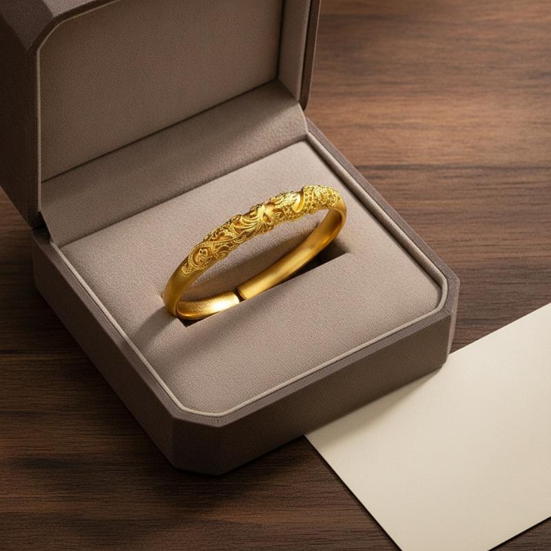 Gold Plated Dragon Phoenix Bangle Exquisite Engraved Adjustable Fit For Wedding Daily Wear Birthday Gift For Women