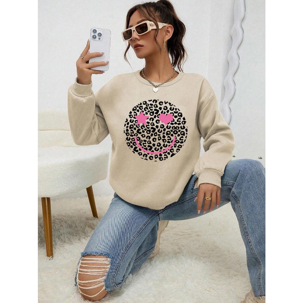Leopard Print Happy Face Love Printed Sweatshirt Women's Hoodie Autumn Shirt Street All-match Women's Pullover