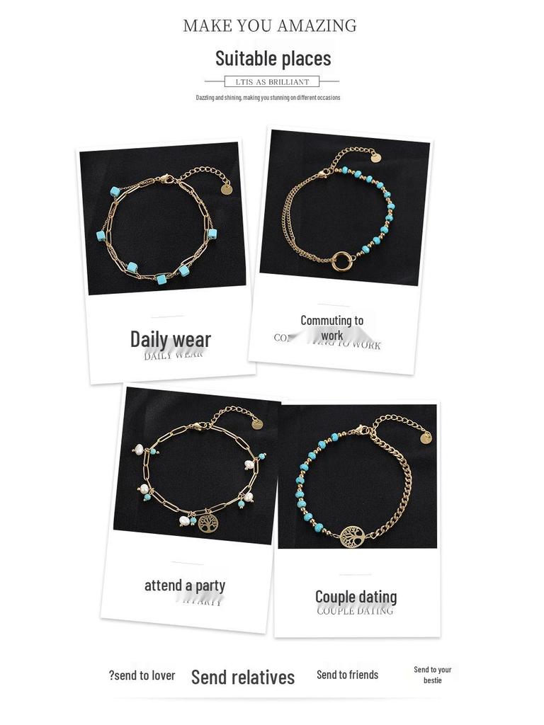 Damen Retro Türkis Titanstahl Perlenarmband - High-End Modeschmuck