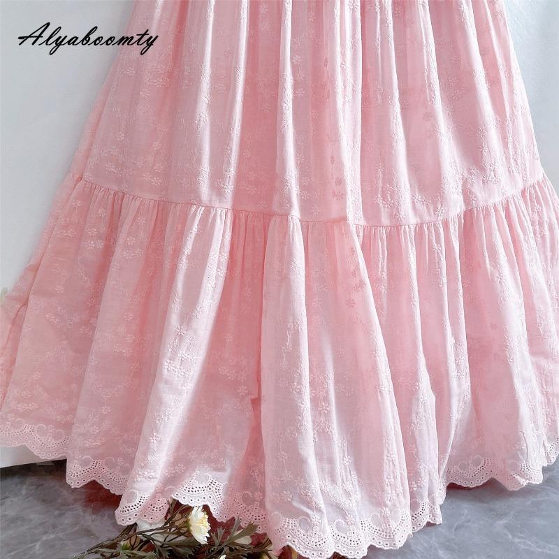 Japanischer Mori Girl Frühling Sommer Damen Rosa Rock Elastischer Bund Blumenstickerei Weicher Rock Eleganter Femininer Baumwolle Damenröcke