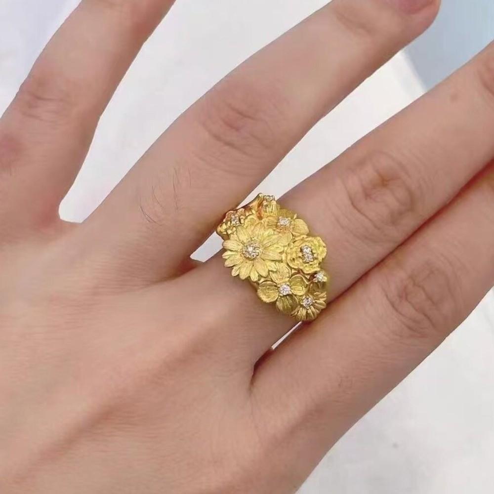 Glittering Rhinestone Accent Ring Sand Gold Gold Plated Ring Floral Adjustable Ring Birthday Gift