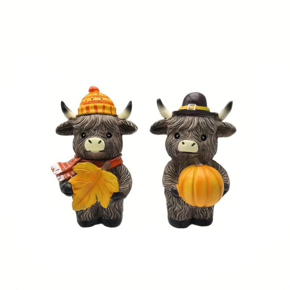 2pcs Cute Highland Cattle Ornament Resin Animal Figurine Sculpture Home Decor Cow Statue  Farmhouse