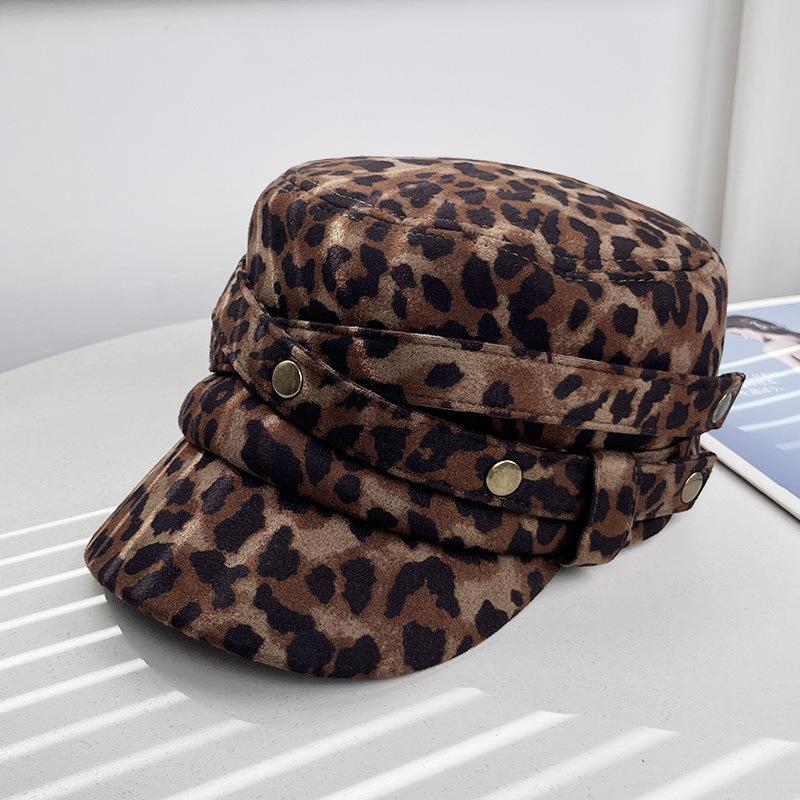 Korean leopard print suede bucket hat women's autumn and winter wide brim sunshade pile hat rivet personality show face small flat top hat