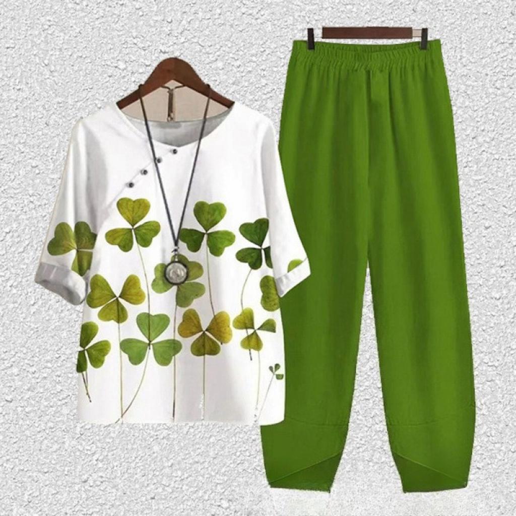 Women's Loose Fit Floral Printed Two Piece Outfit Half Sleeve T-Shirt Elastic Waist Pantsuit