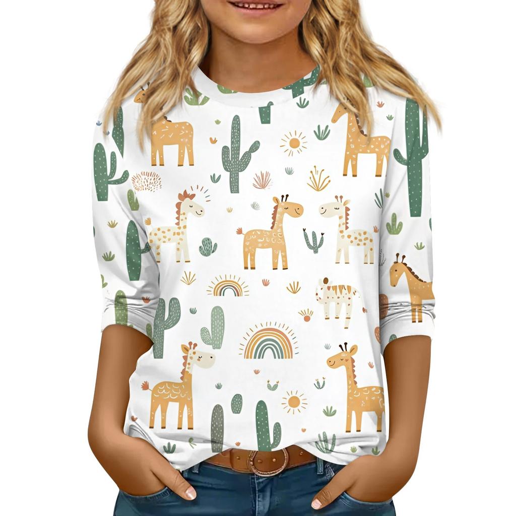 Bluzka dziecięca z rękawem 3/4, luźny t-shirt z nadrukiem i okrągłym dekoltem