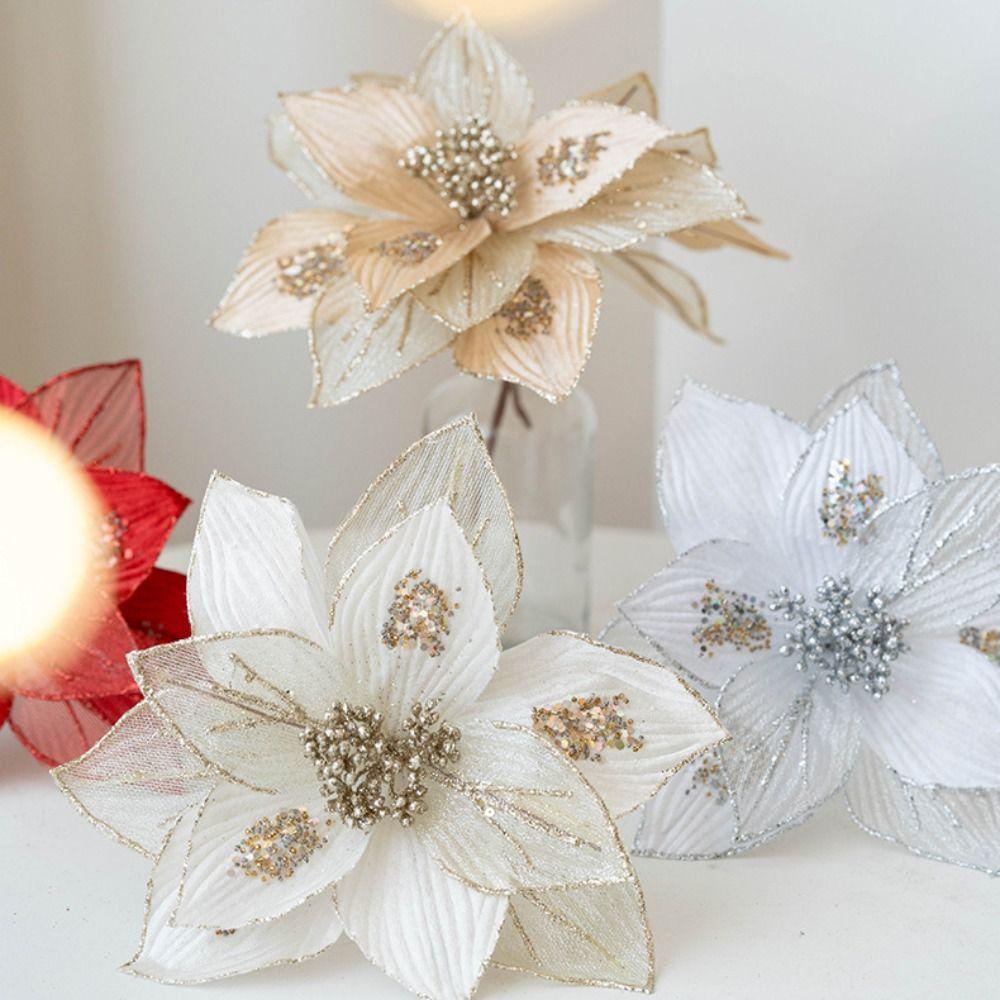 Fabric Plastic Christmas Artificial Flowers 25CM Glitter Fake Flower  Christmas Decor