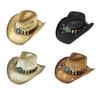 Ethnic Woven Straw Western Hat with Wide Brims Design Western Cosplay Costume Cattleman Hat For Outdoor Beach Vacation