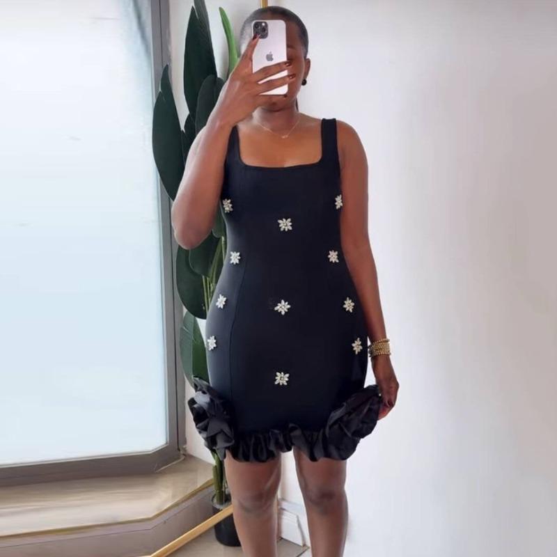 New sexy sling spike diamond hip skirt bandage dress ruffled evening dress short skirt women's clothing