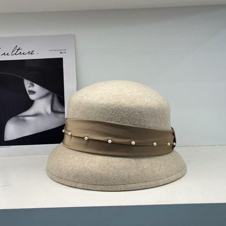 Autumn and Winter% Pure Wool Pearl Wrinkled Cloth with Decorative Small Brim Basin Hat Bucket Hat Women's Elegant Versatile Top Hat