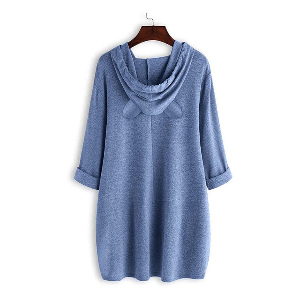 Women Casual Hooded Long Sleeves Elepha  Print Pocket Shirt Irregular Top Blouse