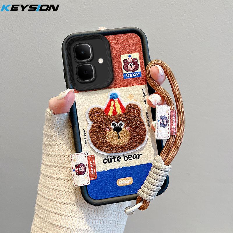KEYSION Cartoon Cute Plush Embroidery Case for Infinix Smart 10 with Lanyard Silicone Shockproof Phone Cover for Infinix Smart 10