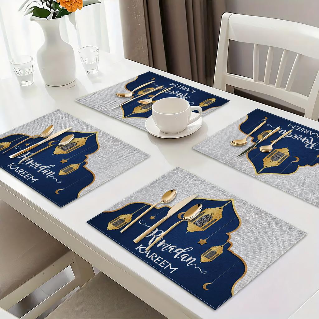 Ramadan Kareem Mubarak Linen Placemats Holiday Party Decor Navy Blue Moon Lantern Eid Al-Fitr Table Mats Ramadan Decorations