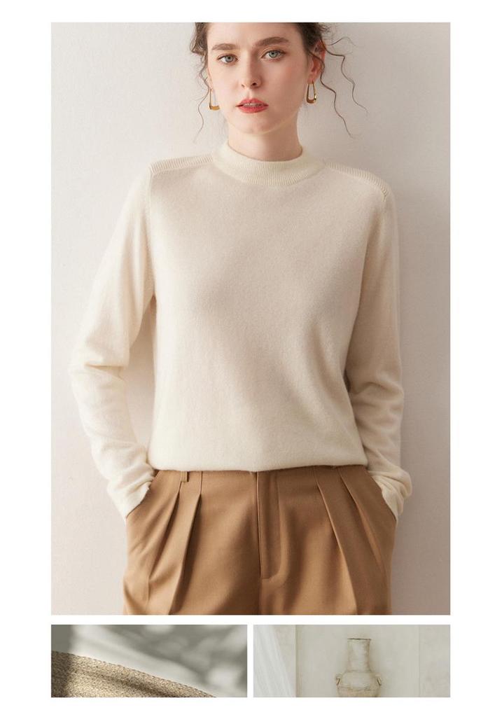 Women's Cashmere Sweater - Shoulder Pad Half-High Collar Knit Pullover for Autumn/Winter