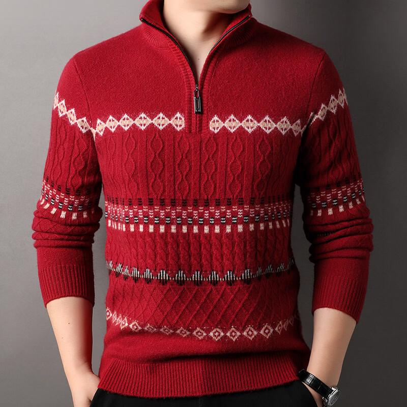 Hengyuanxiang Men s Winter Pure Wool Striped Zipper High-Neck Sweater 2XL (160-180 lbs)